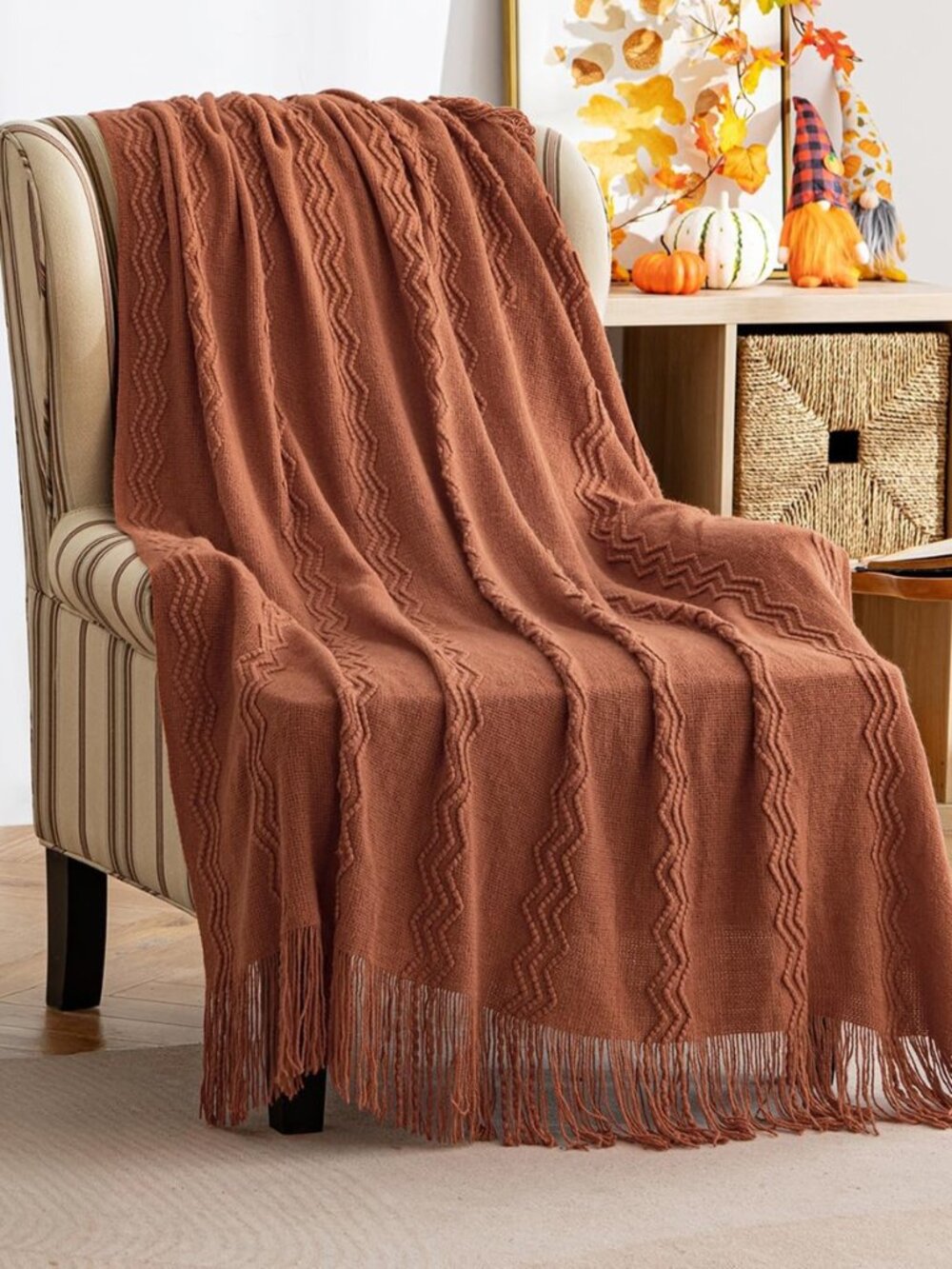 Fall Knitted Boho Throw Blanket for Couch 50"x60" Orange
